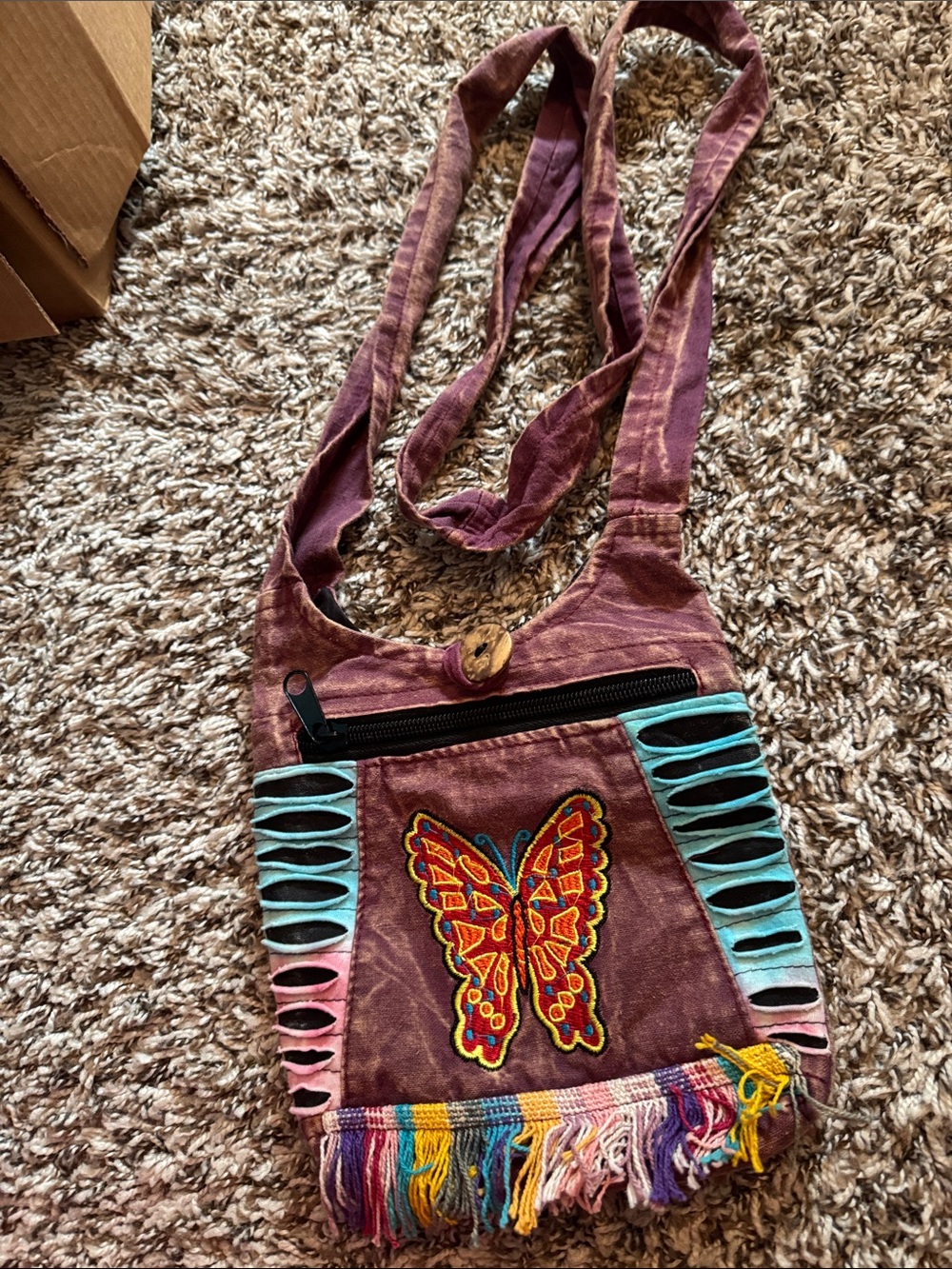 Bohemian Butterfly Fringe Crossbody Bag - Plum